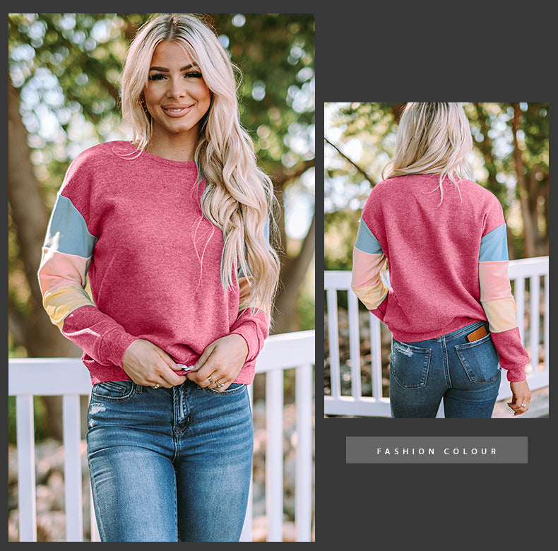 Pullover Sweatshirt for Women, Spring & Fall Round Neck Long-Sleeved Top, Contrasting Color Basic Versatile European and American Style Jacket, Casual and Trendy Style