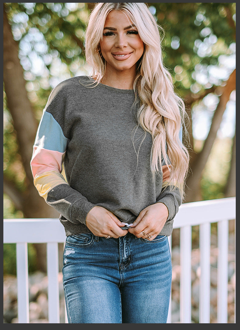 Pullover Sweatshirt for Women, Spring & Fall Round Neck Long-Sleeved Top, Contrasting Color Basic Versatile European and American Style Jacket, Casual and Trendy Style