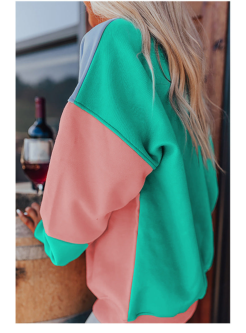 Trendy Cross-Border Hot Sale Autumn New Round Neck Long Sleeve Top Women European and American Fashion Versatile Color-Blocking Printed Sweatshirt Women