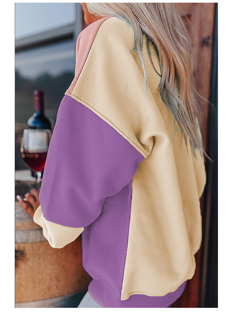 Trendy Cross-Border Hot Sale Autumn New Round Neck Long Sleeve Top Women European and American Fashion Versatile Color-Blocking Printed Sweatshirt Women