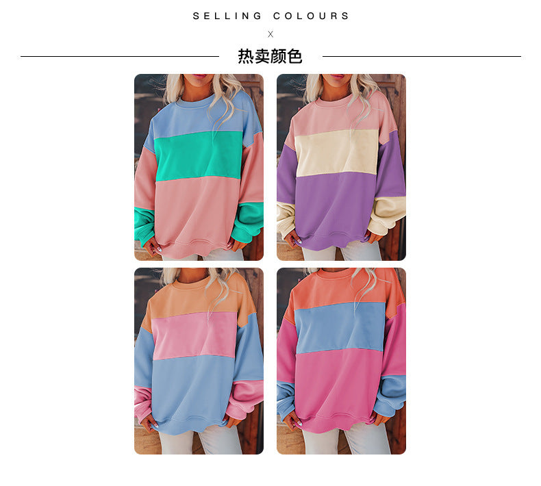 Trendy Cross-Border Hot Sale Autumn New Round Neck Long Sleeve Top Women European and American Fashion Versatile Color-Blocking Printed Sweatshirt Women