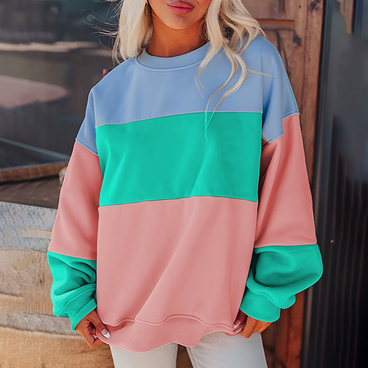 Trendy Cross-Border Hot Sale Autumn New Round Neck Long Sleeve Top Women European and American Fashion Versatile Color-Blocking Printed Sweatshirt Women
