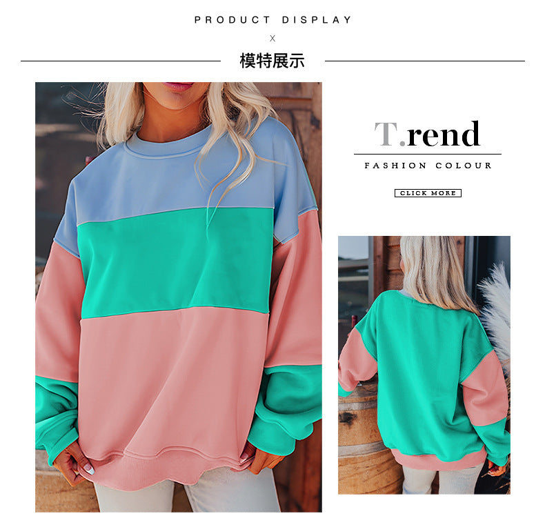 Trendy Cross-Border Hot Sale Autumn New Round Neck Long Sleeve Top Women European and American Fashion Versatile Color-Blocking Printed Sweatshirt Women