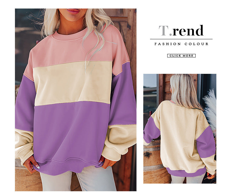 Trendy Cross-Border Hot Sale Autumn New Round Neck Long Sleeve Top Women European and American Fashion Versatile Color-Blocking Printed Sweatshirt Women
