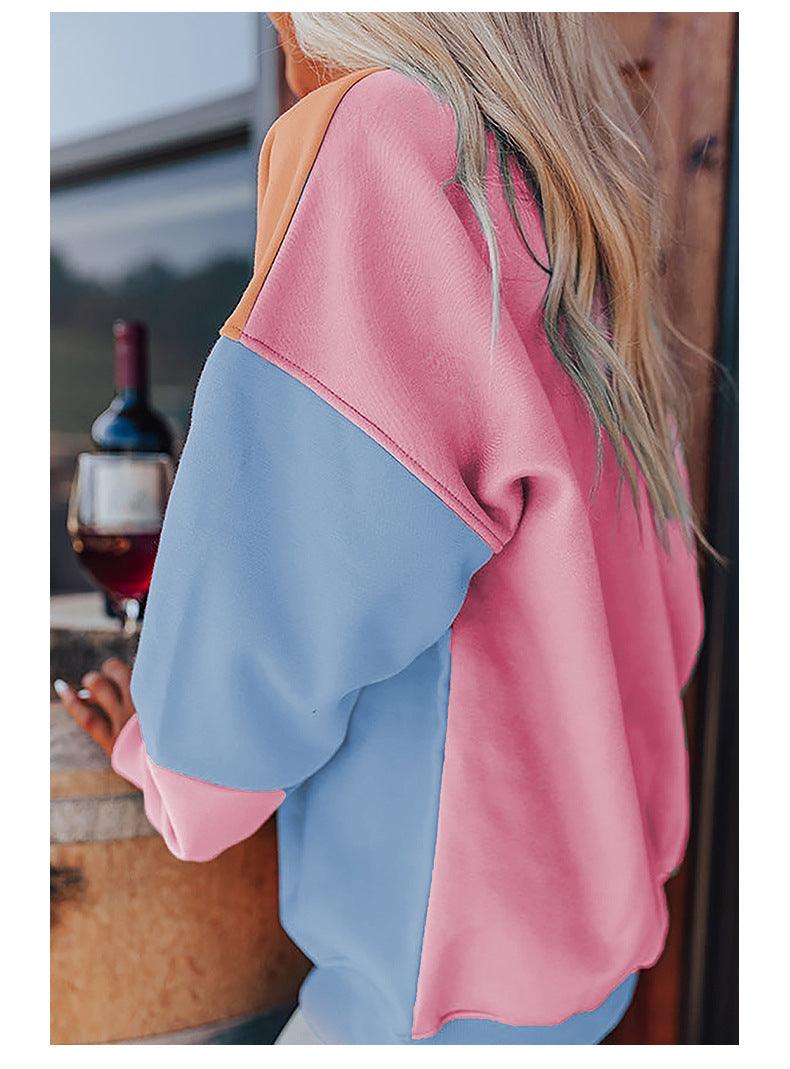 Trendy Cross-Border Hot Sale Autumn New Round Neck Long Sleeve Top Women European and American Fashion Versatile Color-Blocking Printed Sweatshirt Women