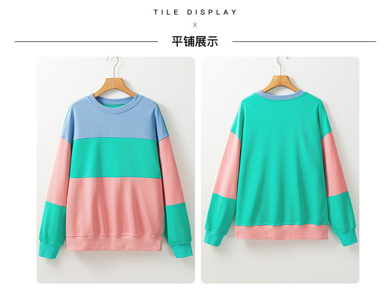 Trendy Cross-Border Hot Sale Autumn New Round Neck Long Sleeve Top Women European and American Fashion Versatile Color-Blocking Printed Sweatshirt Women