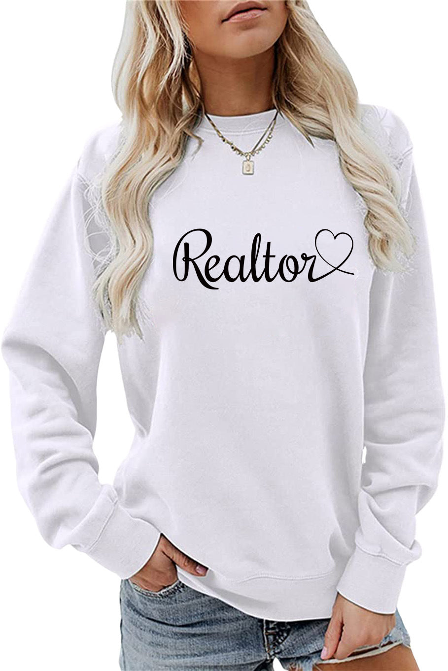 Amazon Wish Independent Station European and American Fashion Long-Sleeved Realtor Simple English Ladies Round Neck Sweatshirt in Stock