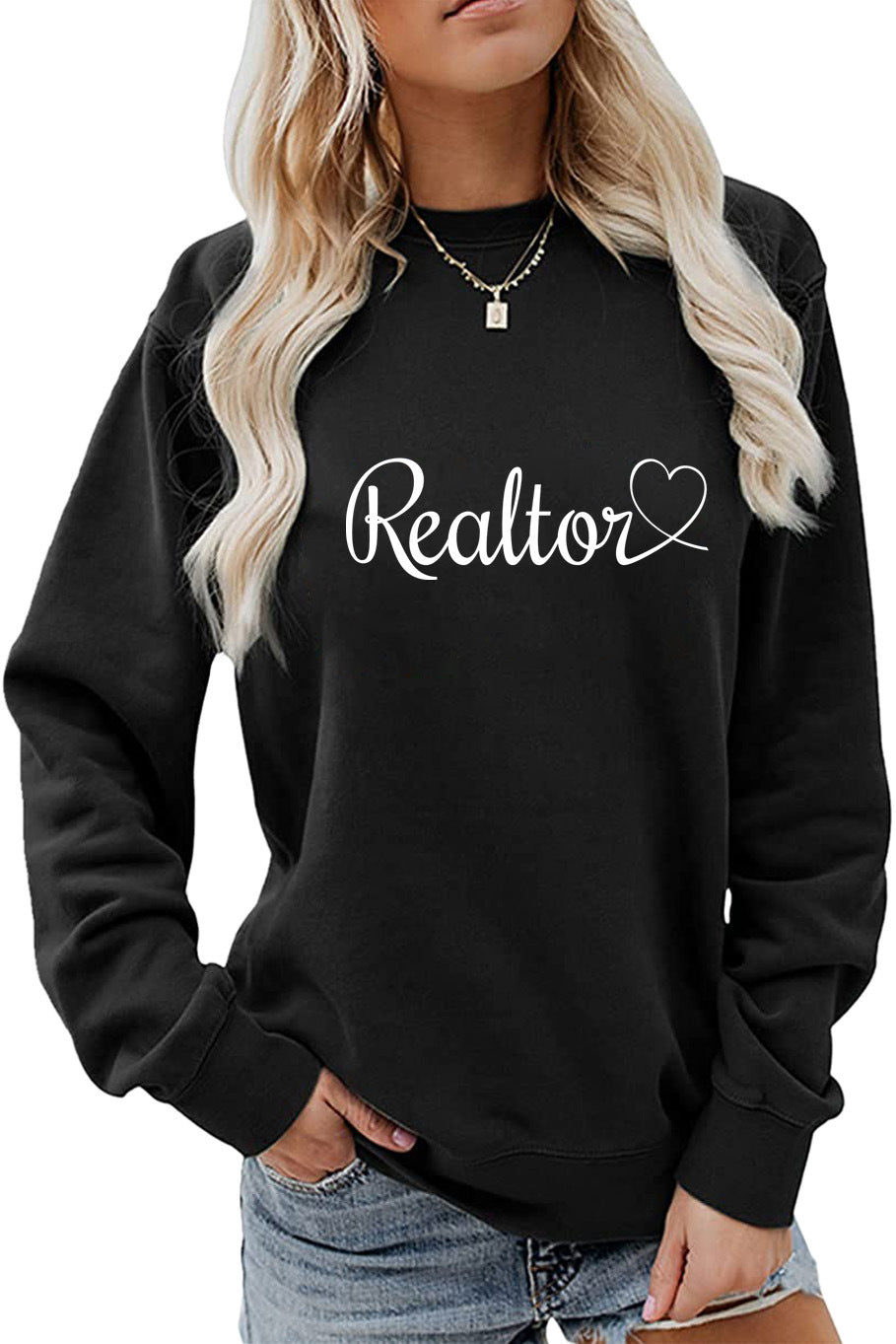 Amazon Wish Independent Station European and American Fashion Long-Sleeved Realtor Simple English Ladies Round Neck Sweatshirt in Stock