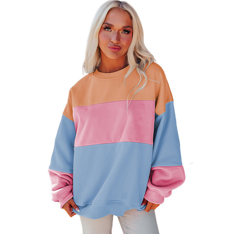 Trendy Cross-Border Hot Sale Autumn New Round Neck Long Sleeve Top Women European and American Fashion Versatile Color-Blocking Printed Sweatshirt Women