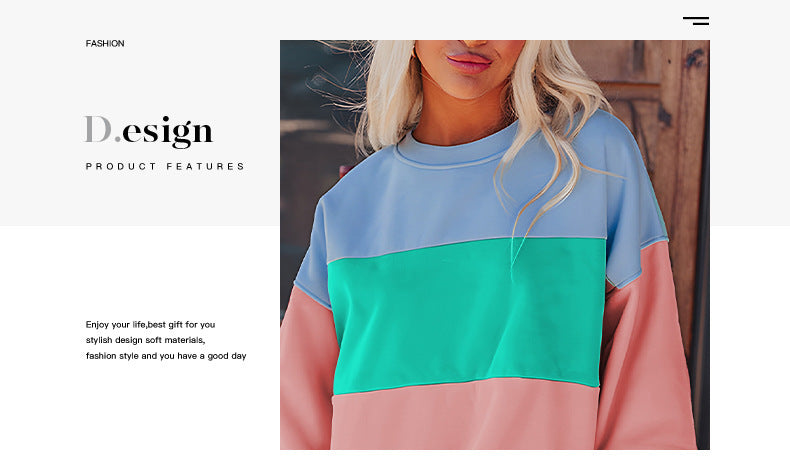 Trendy Cross-Border Hot Sale Autumn New Round Neck Long Sleeve Top Women European and American Fashion Versatile Color-Blocking Printed Sweatshirt Women