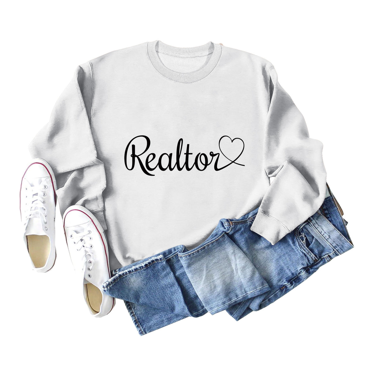 Amazon Wish Independent Station European and American Fashion Long-Sleeved Realtor Simple English Ladies Round Neck Sweatshirt in Stock