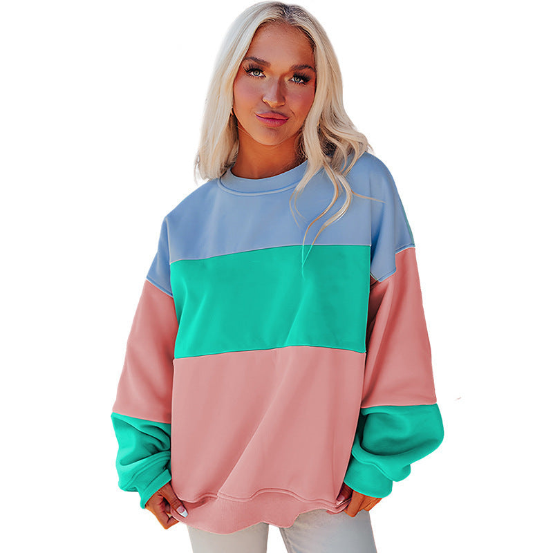 Trendy Cross-Border Hot Sale Autumn New Round Neck Long Sleeve Top Women European and American Fashion Versatile Color-Blocking Printed Sweatshirt Women