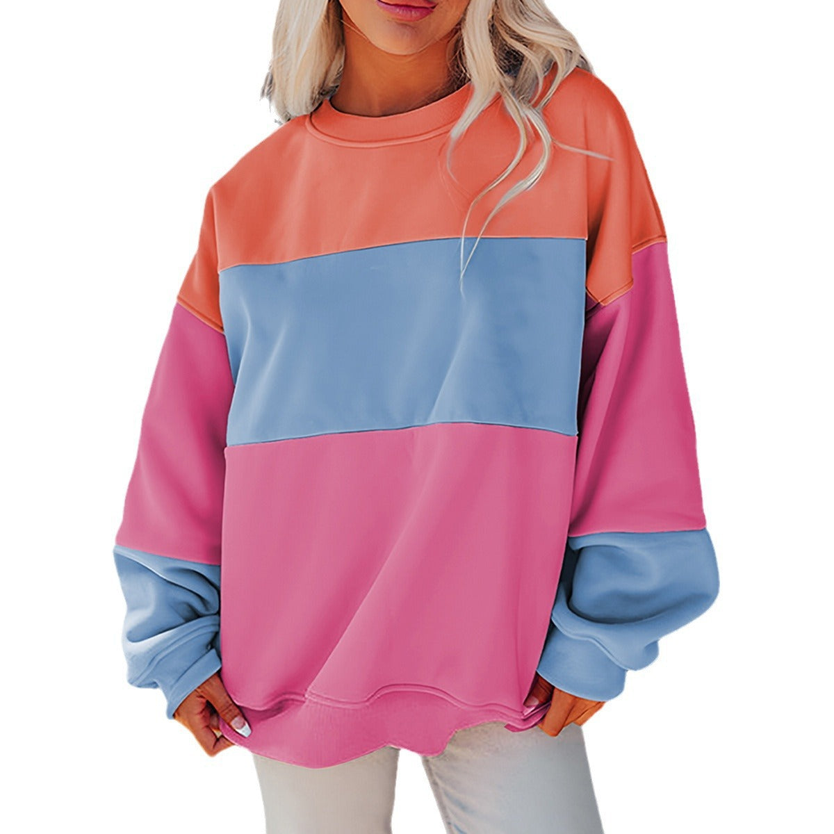 Trendy Cross-Border Hot Sale Autumn New Round Neck Long Sleeve Top Women European and American Fashion Versatile Color-Blocking Printed Sweatshirt Women