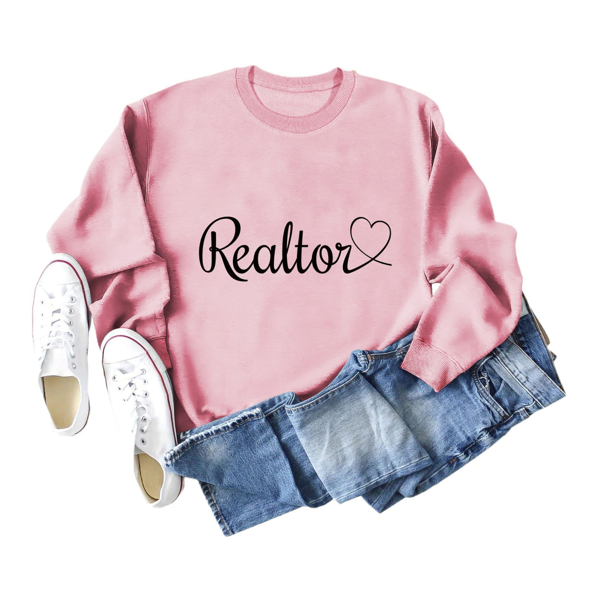 Amazon Wish Independent Station European and American Fashion Long-Sleeved Realtor Simple English Ladies Round Neck Sweatshirt in Stock