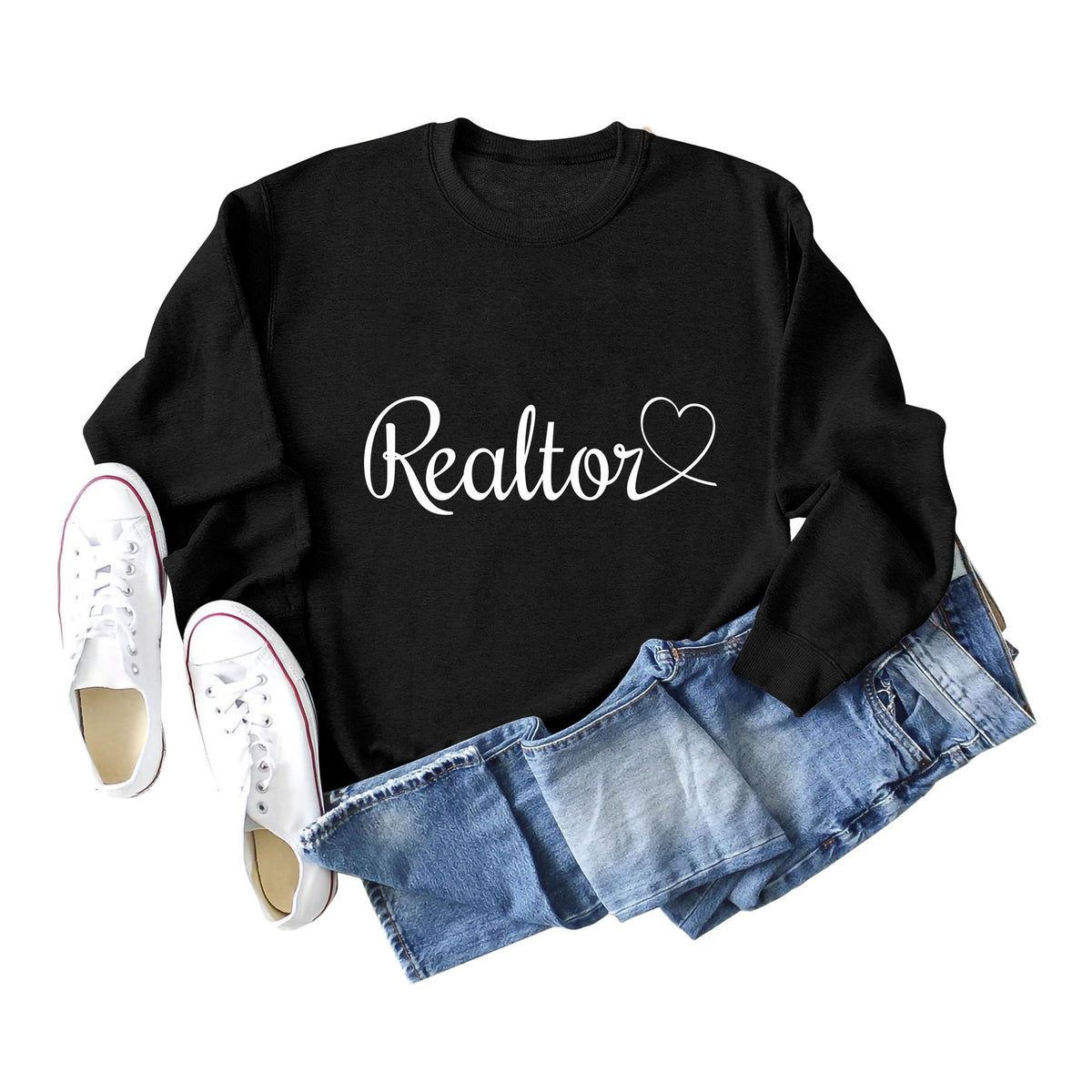Amazon Wish Independent Station European and American Fashion Long-Sleeved Realtor Simple English Ladies Round Neck Sweatshirt in Stock