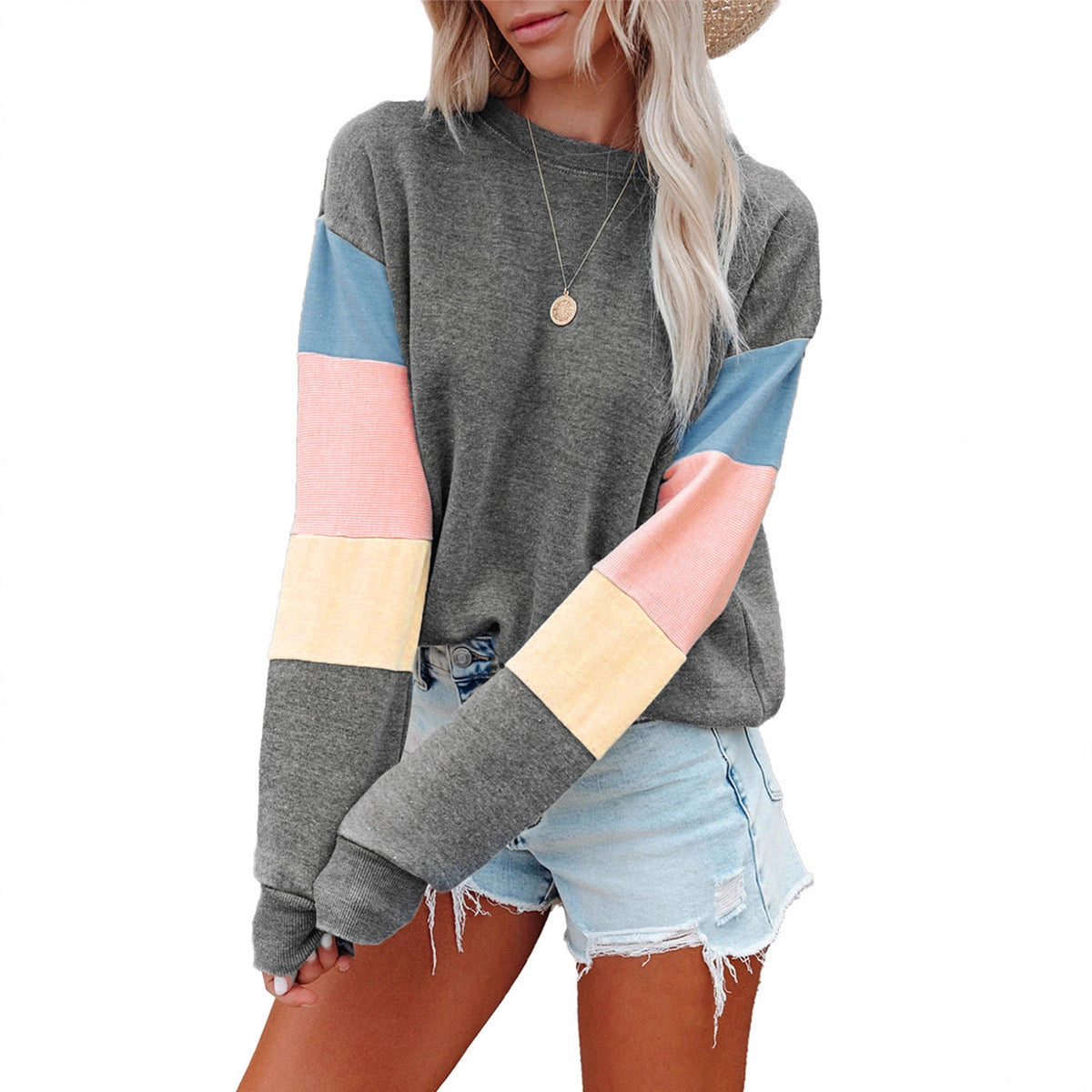 Pullover Sweatshirt for Women, Spring & Fall Round Neck Long-Sleeved Top, Contrasting Color Basic Versatile European and American Style Jacket, Casual and Trendy Style