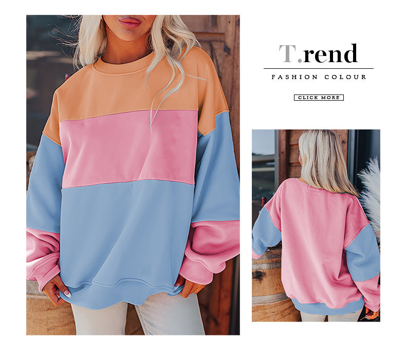 Trendy Cross-Border Hot Sale Autumn New Round Neck Long Sleeve Top Women European and American Fashion Versatile Color-Blocking Printed Sweatshirt Women