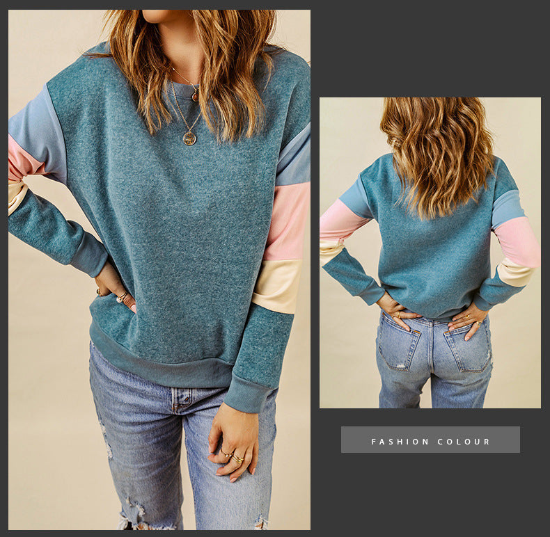 Pullover Sweatshirt for Women, Spring & Fall Round Neck Long-Sleeved Top, Contrasting Color Basic Versatile European and American Style Jacket, Casual and Trendy Style