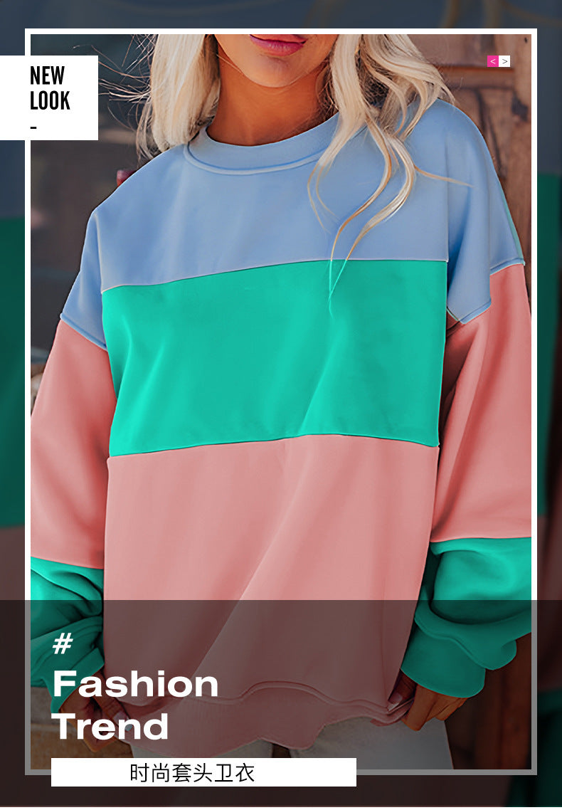 Trendy Cross-Border Hot Sale Autumn New Round Neck Long Sleeve Top Women European and American Fashion Versatile Color-Blocking Printed Sweatshirt Women