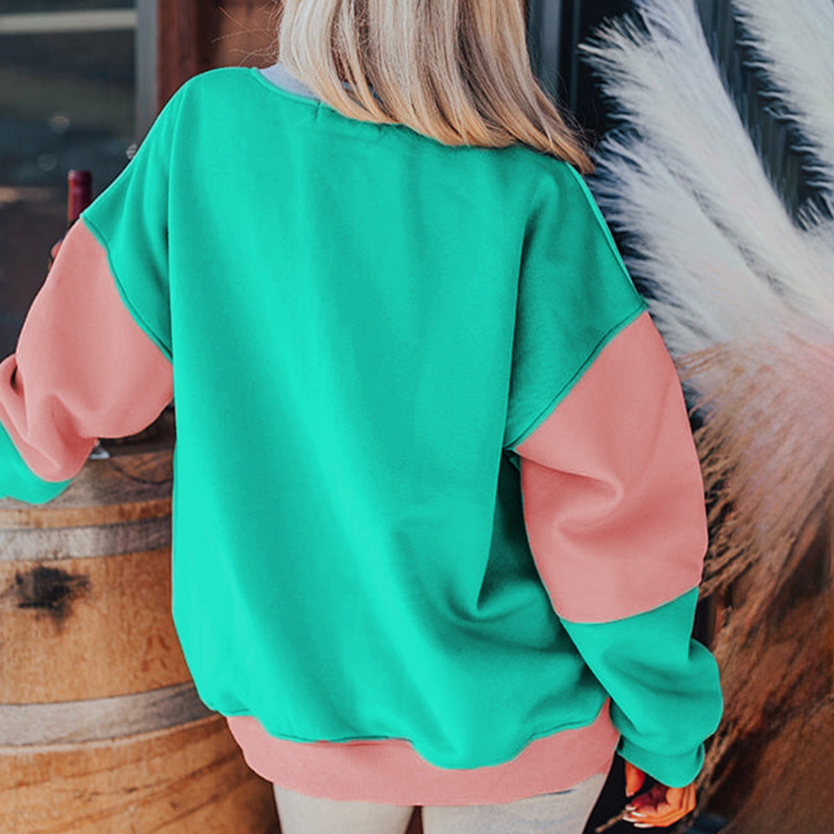 Trendy Cross-Border Hot Sale Autumn New Round Neck Long Sleeve Top Women European and American Fashion Versatile Color-Blocking Printed Sweatshirt Women