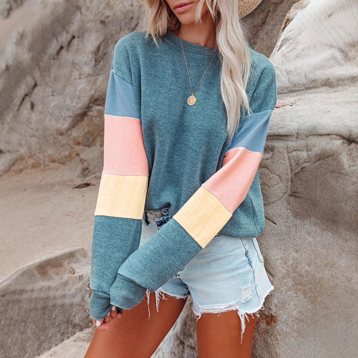 Pullover Sweatshirt for Women, Spring & Fall Round Neck Long-Sleeved Top, Contrasting Color Basic Versatile European and American Style Jacket, Casual and Trendy Style